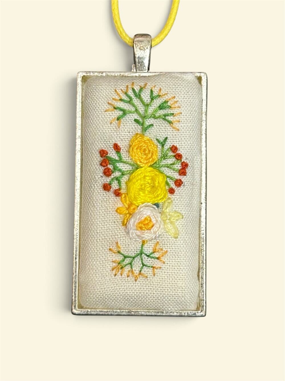 Handmade Embroidery Necklace Yellow Botanicals Rectangle Bezel